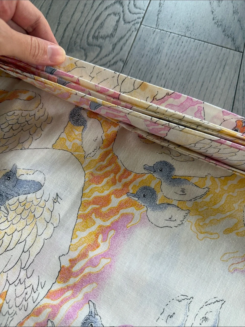 Swan Print Cotton Fabric Panel in Pastel Pink, Yellow & Gray